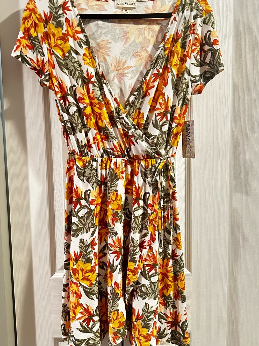 Derek Heart White Floral Wrap Dress with Yellow and Orange Blooms